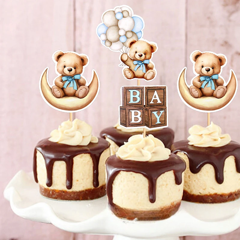 12/1pcs Pink Blue Balloon Bear Cupcake Toppers Baby Shower Supplies Gender Reveal Decor Boy Girl Birthday Party Cake Decor