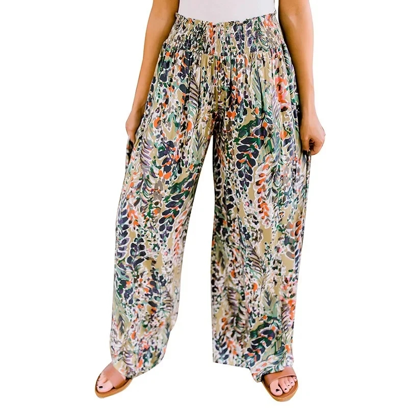 2024 NEW Women's Vacation Beach Floral Wide Leg Pants Printed Floor Mopping Pants Casual Loose Trousers Lady Homewear NASY0009