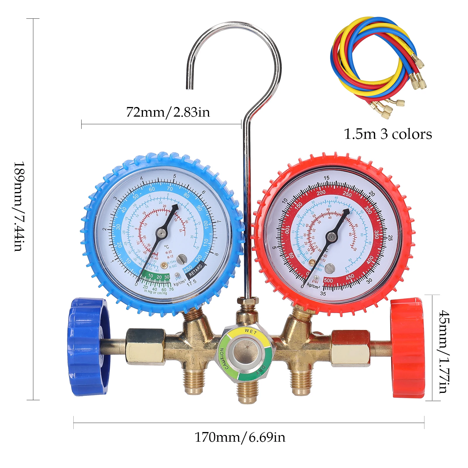 3 Way AC Manifold Gauge Set with Hoses Couplers & Adapter Refrigerant