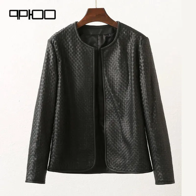 All hand woven sheep skin elegant temperament 2023 spring new leather leather women short round neck jacket jacket vintage handmade bag set college backpack hand stitching sew diy material cambridge woven bag large pu leather capacity bag