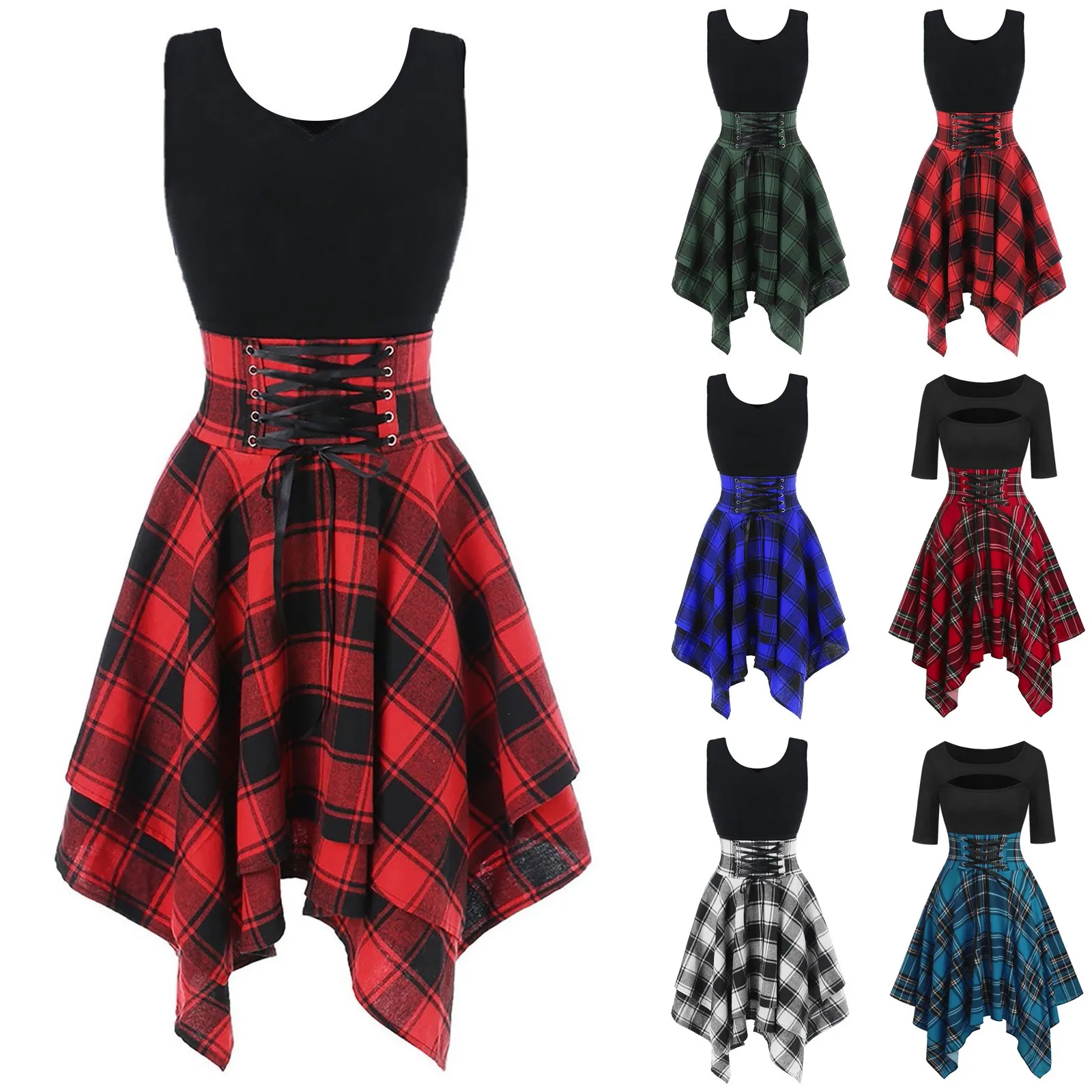 Women's Dresses 2024 Party Temperament Round Neck Hollow Printed Plaid Half Sleeve Dress