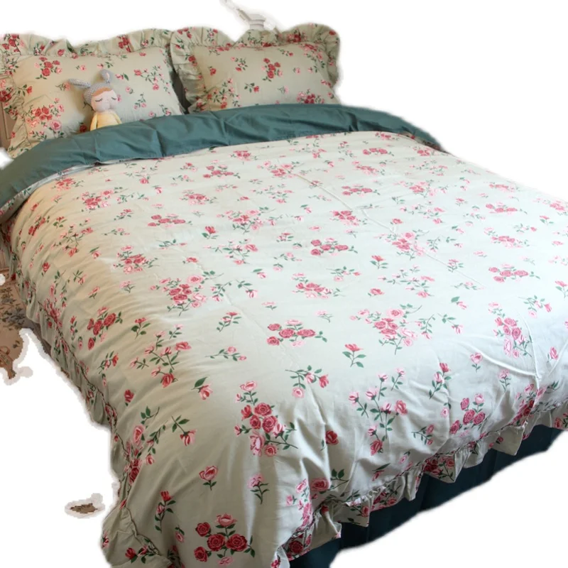 

Pastoral Style Small Floral Cotton Four-Piece Cotton Green Bed Sheet Bed Skirt Rose Quilt Cover Bedding