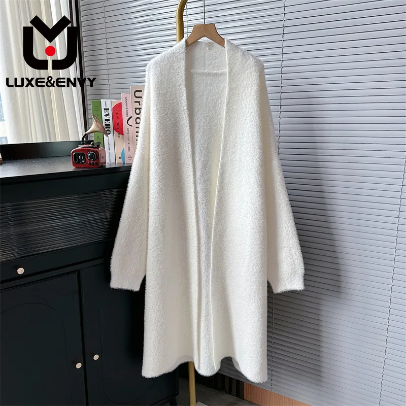 

LUXE&ENVY Soft Glutinous Knitted Cardigan Sweater New Loose And Slim Lazy Style, Imitation Mink Fleece Long 2023 Autumn