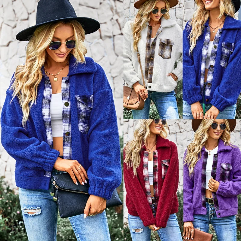 2023 Autumn and Winter New Loose Lapel Panel Plaid Plush Button Cardigan Women's Fashion Casual Long-sleeved Jacket Warm Jacket
