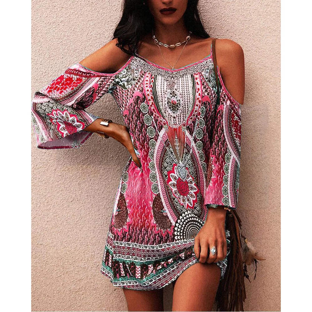 

Women's Tribal Print Cold Shoulder V-Neck Dress Casual Long Sleeve Spaghetti Strap Lady Vacation Outfits Summer Dress 2024