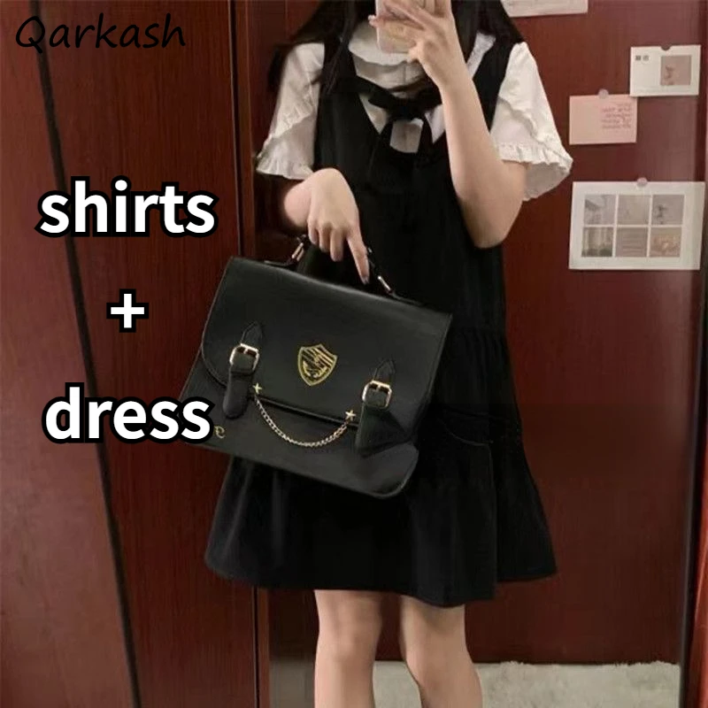 

2 Pcs Sets Women Peter Pan Collar Shirts Bandage Mini Dresses Sweet All-match Students Tender Fashion Loose Girlish Chic Ulzzang