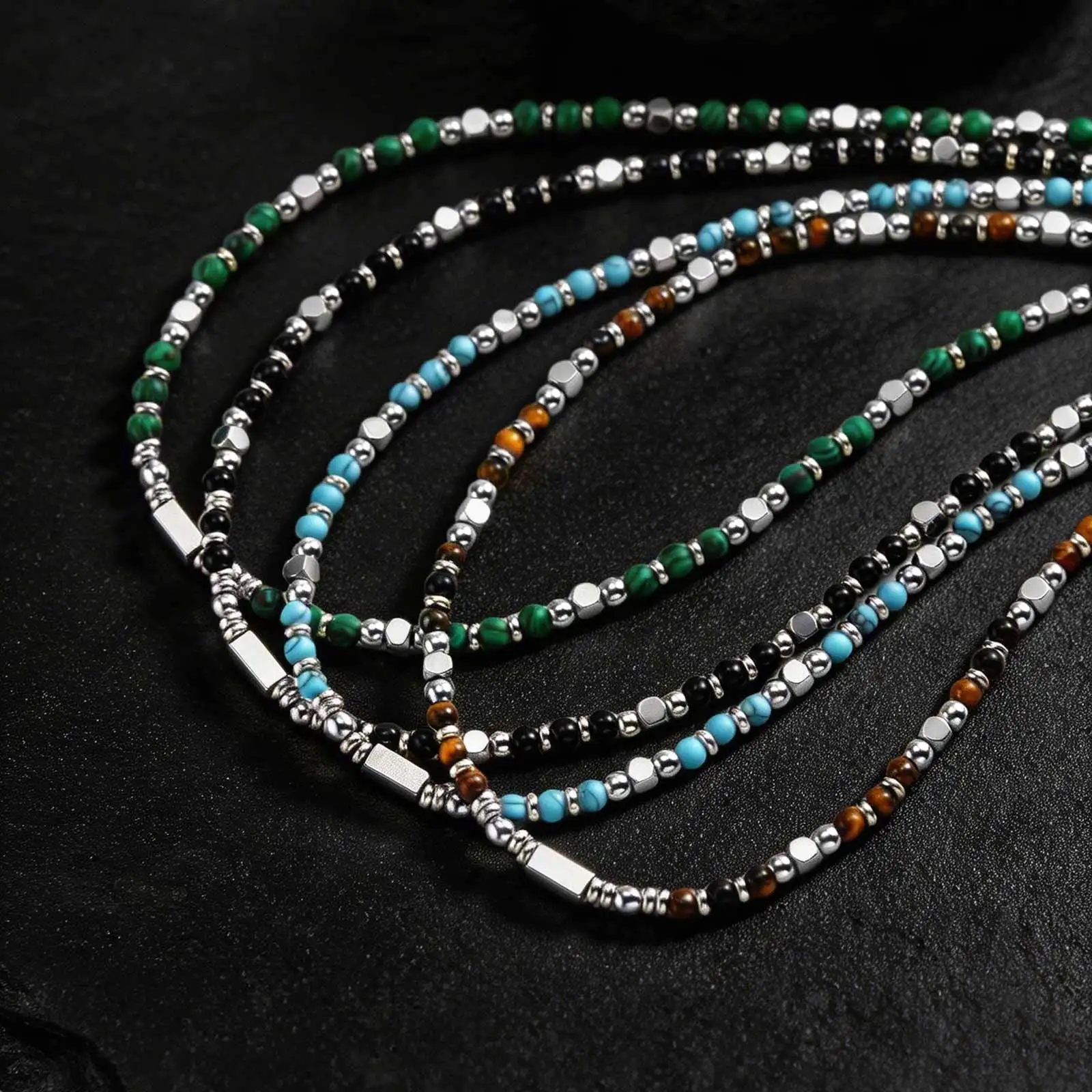 Vnox Edelstahl-Halskette mit Natursteinperlen für Männer und Frauen, trendiger Charm-Choker, Bohemia, 45–53 cm, verstellbare Länge, Schmuck