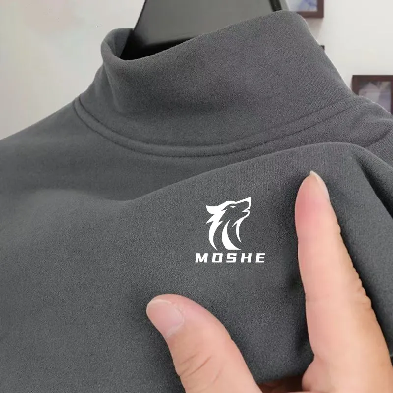 New Semi High Neck Solid Color Base Shirt for Men, Double-sided German Velvet Long Sleeved Autumn and Winter Warm Top T-shirt