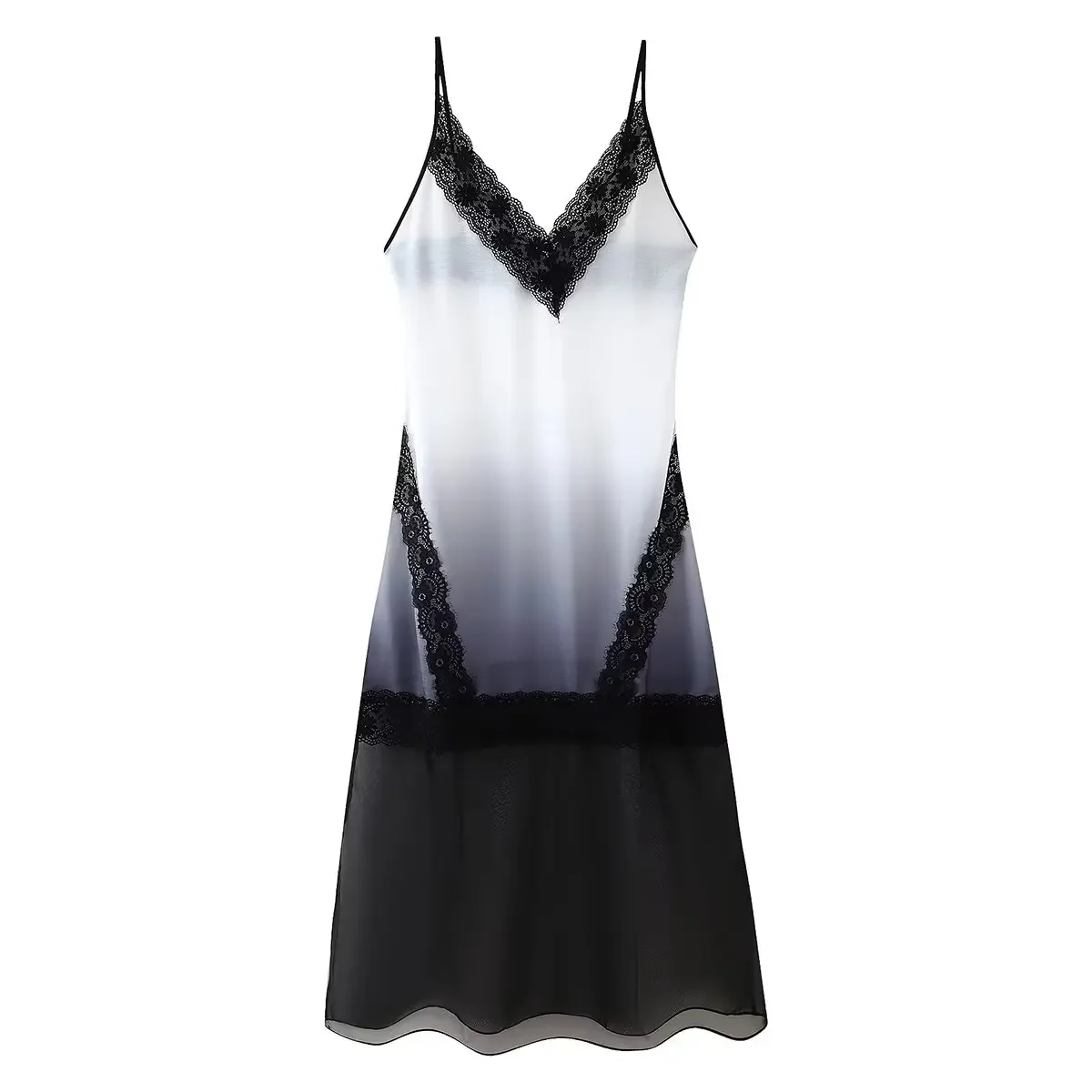 

Women's new Chic fashion gradient effect loose lace patchwork V Neck midi dress retro BacklessThin Straps women's dress Mujer