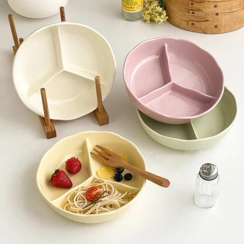 Exquisite Divided Plate High-end Household Ceramic Plates Solid Color Large Capacity Breakfast Dish Simple Fruit Salad Tableware