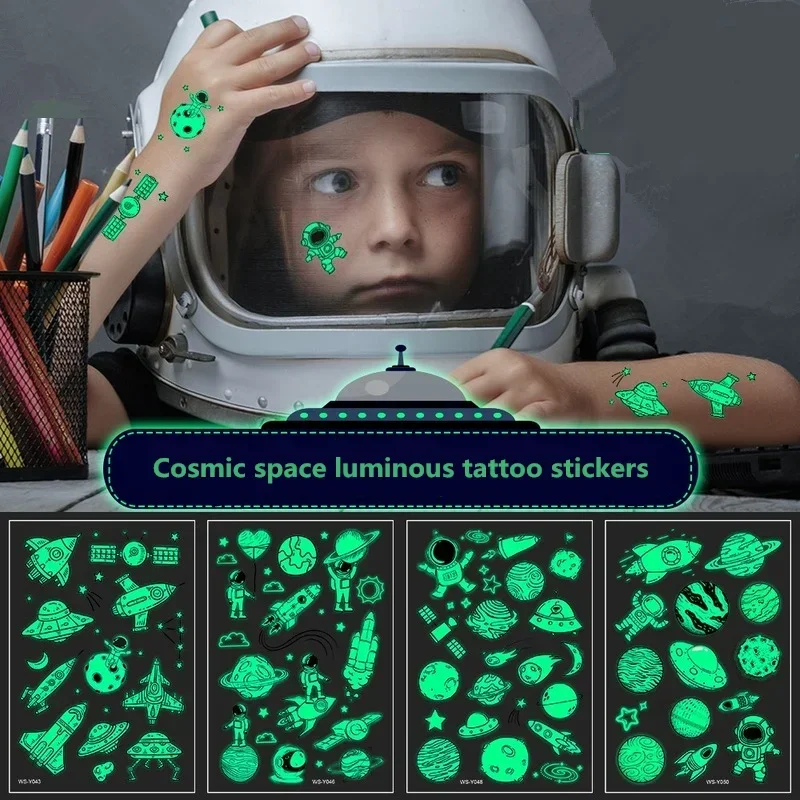 5 Pcs Waterproof Luminous Tattoo Stickers Children Party Universe Space Rocket UFO Interstellar Temporary Stickers Toy Gifts