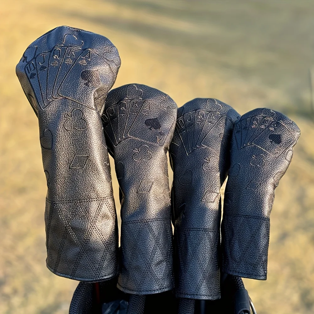 Premium Black Poker Style Golf Club Head Covers - Durable Synthetic, Protective Case for Drivers, Woods, and Hybrids