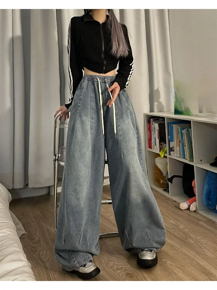 Elastic Waist Jeans Women Oversized Trouser Denim Wide Leg  Streetwear Straight Basic Pants Autumn Lady Jeans Drop Shipping