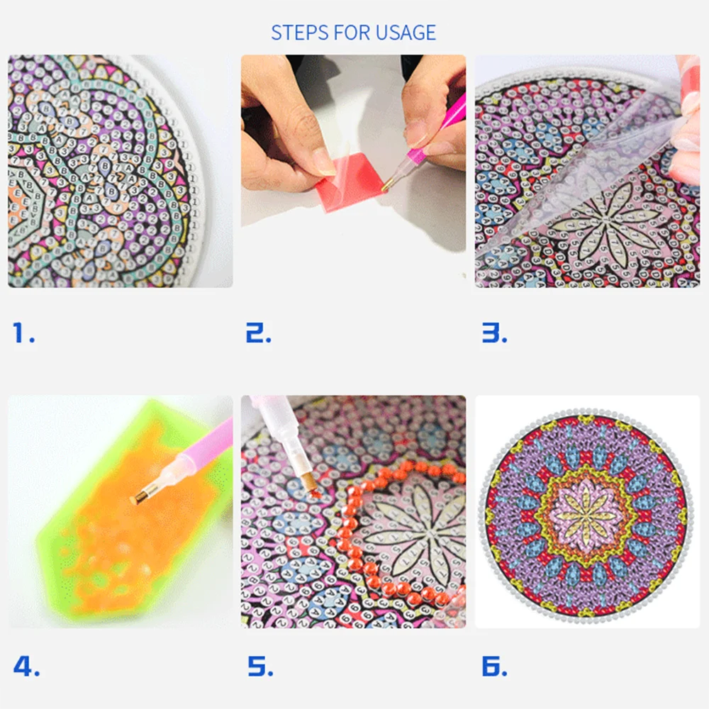 6pcs Diamond Painting Coasters with Stand 5D DIY Round Rhinestone