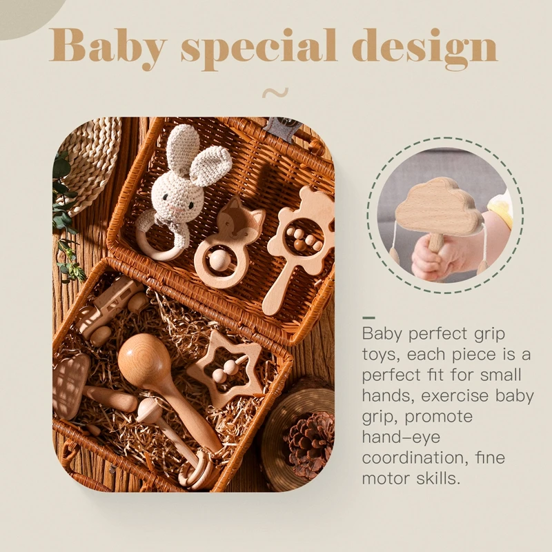 Wooden Baby Rattle Gift Set – Crochet Animal Toy & Montessori Keepsake Box