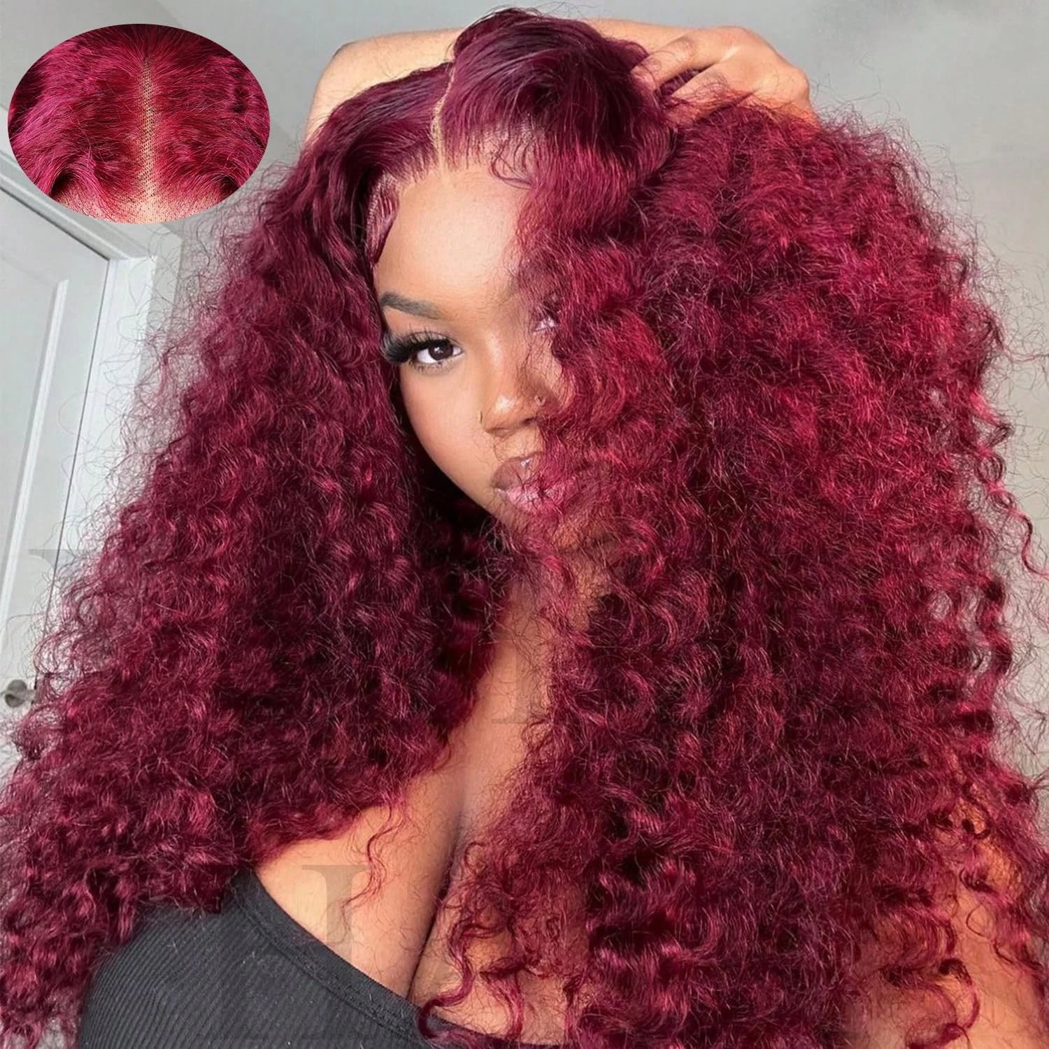 250%Density 99J 13x4 HD Lace Frontal Wig For Women Pre Plucked Burgundy Curly HD Lace Front Human Hair Wigs 99J Red Colored 1