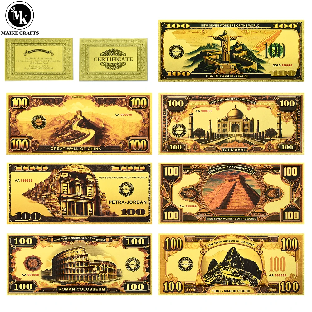 7pc/set Seven Wonders of The World Gold Foil Banknote Pyramid ,Christ Like, Taj Mahal,Great Wall, 100 Dollar Plastic Money Gift