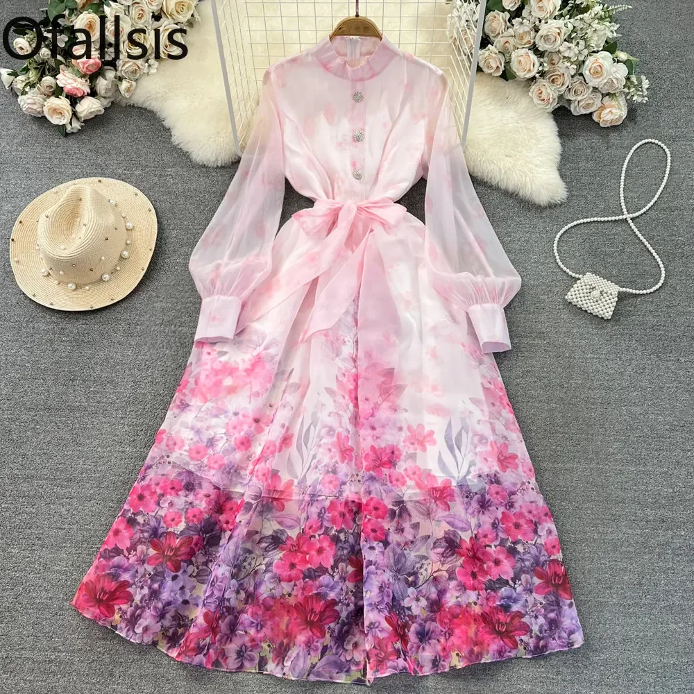 

Ofallsis Vintage Style Lantern Long Sleeve Standing Neck Printed Organza Dress Summer New Gentle Waist Slim A line Dresses