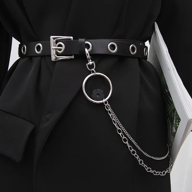 Ceinture en cuir PU pour femmes, boucle ardillon, Punk Wind Jeans, nouveau style de mode, noir, taille libre, ceintures à œillets pour pantalons 1 Ceinture en cuir PU pour femmes, boucle ardillon, Punk Wind Jeans, nouveau style de mode, noir, taille libre, ceintures à œillets pour pantalons 1