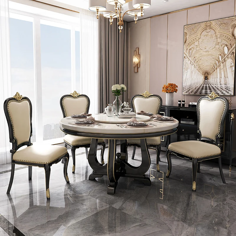 

American light luxury marble dining table and chair combination European solid wood round table villa living room simple dining