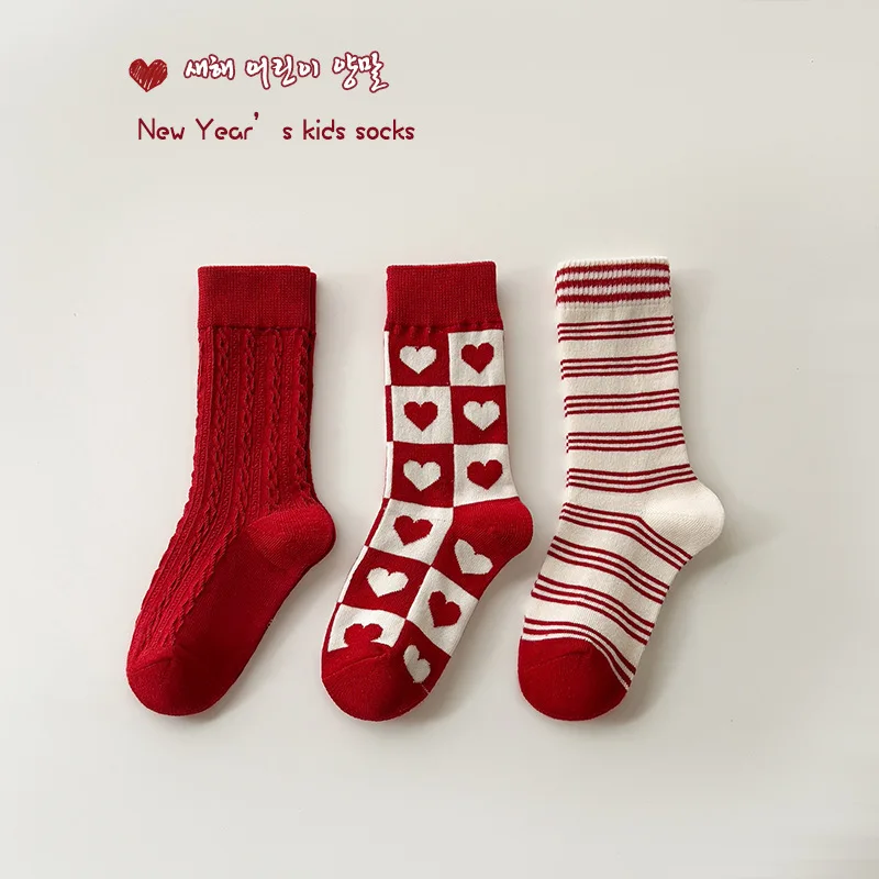 

3Pairs Christmas 100% Cotton Baby Boys Girls Winter Socks New Year Striped Keep Warm Floor Anti-skid Children's Socks