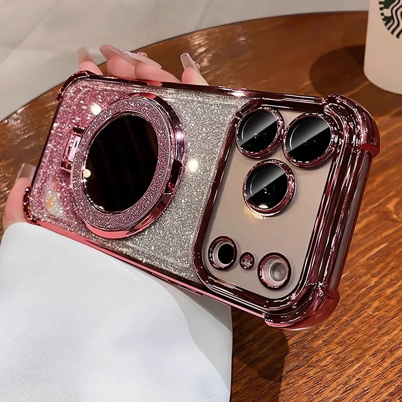 Luxury Glitter Gradient Phone Case with Mirror Ring Holder and Stand Functionality