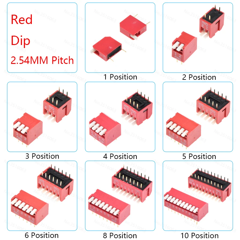 thumbnail image 1 of 5/10 piezas de interruptores de palanca deslizantes de paso de 1,27 mm/2,54 mm, DIP/Smd/ángulo recto, doble fila, 1/2/3/4/5/6/8/10/12 posiciones/bits/vías/canales/pins, 1 of 5