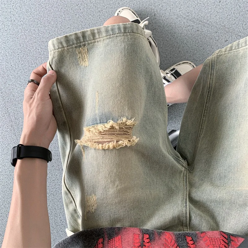 Men's Casual Denim Shorts Hip Hop Fashion Hole Short Pants Streetwear Stretch Washed Distressed Straight Leg Jean Shorts
