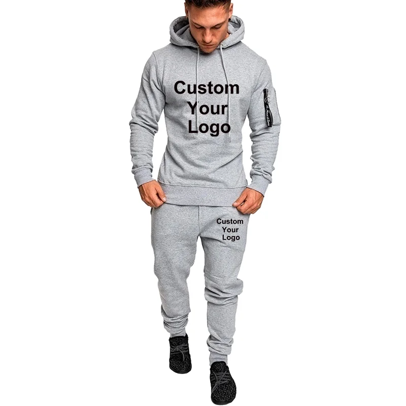 Men Custom Logo 2 Pieces Tracksuit Casual Hoodies Sweatshirts + Sweatpants Jogging Training Sportswear Streetwear Suit Jacket