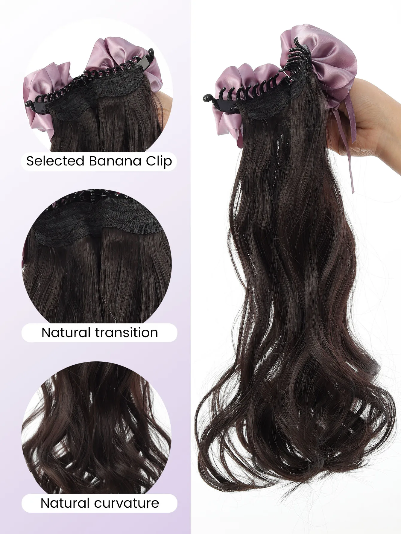 Banana Clip Long Wavy Ponytail Synthetic Clip in Hairtail Extension Fluffy Black Ponytail Wig with Red Flower Hair Accessorie
