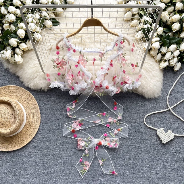rose embroidered mesh top