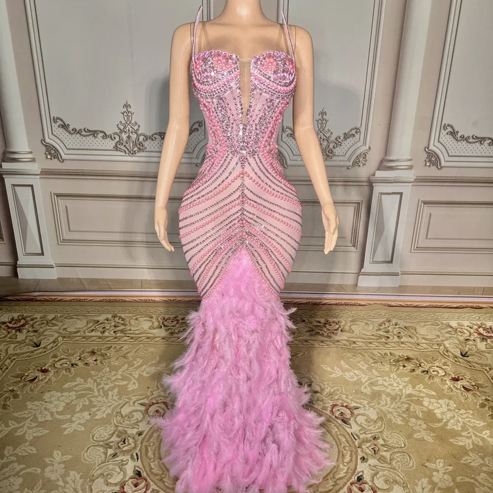 strapless open back dress Zapaka Women Sparkly Pink Mermaid Long Prom Dress Spaghetti Straps Sequin Evening Dress with Feathers, Pink / UK10 main image 0