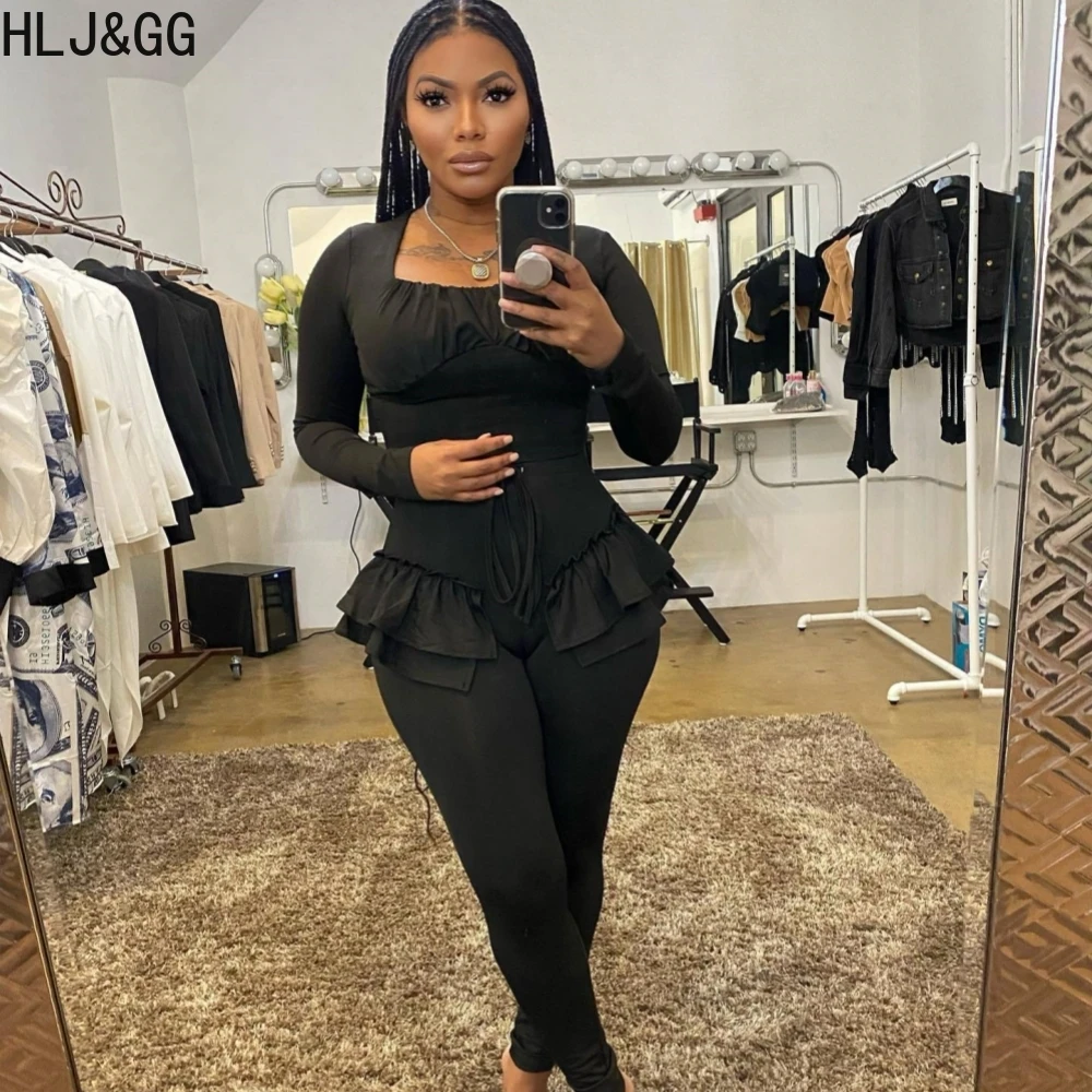 HLJ&GG Fashion Ruffled Design Skinny Pants Sets Women Long Sleeve Crop Top+Pants Two Piece Outfits Casual Ruched 2pcs Streetwear