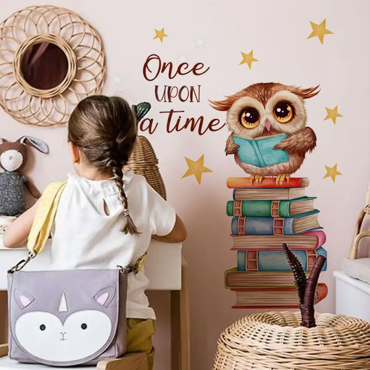 Cute Cartoon Reading Book Owl Wall Sticker Boy Girl Kid Bedroom Study Room Kindergarten Classroom Library Wall Anime Decoration