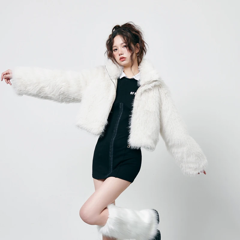 

Women's Fall and Winter Commuter White Long Hair Fur Coat Short Section Stand-up Collar Fur Women Harajuku Coats Goth Jacket