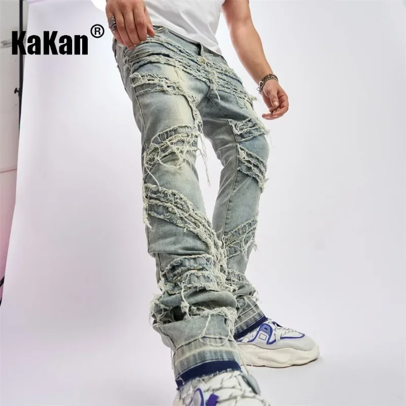 Kakan - New European and American Distressed Stitching Denim Jeans for Men's Wear, Wearing Out Hip-hop Pants K49-708