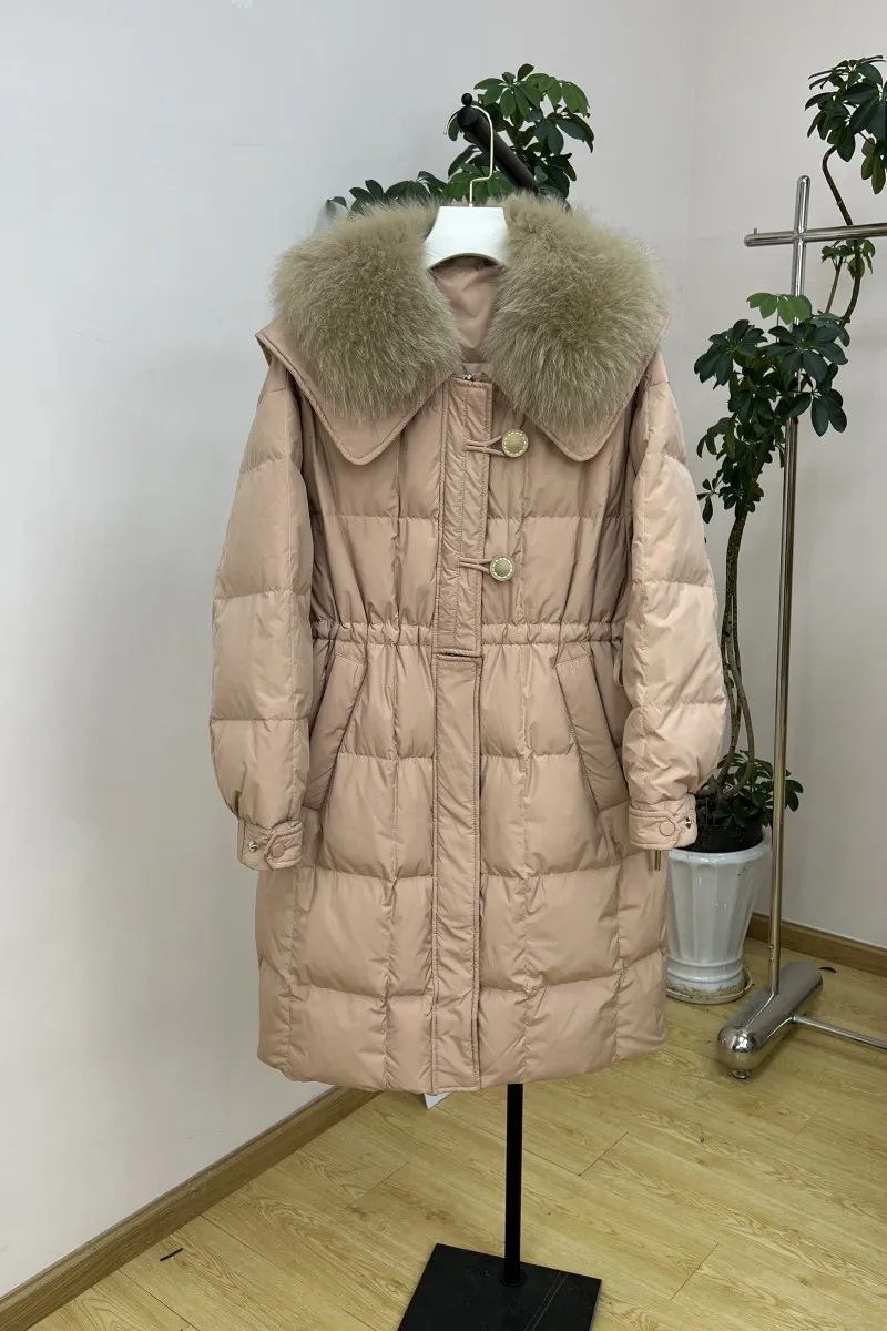 Women's Winter Thickened Long Duck Down Jacket with Big Fur Collar 2023 New Woman Warm Long Sleeve Pocket Slimming Waist Coat