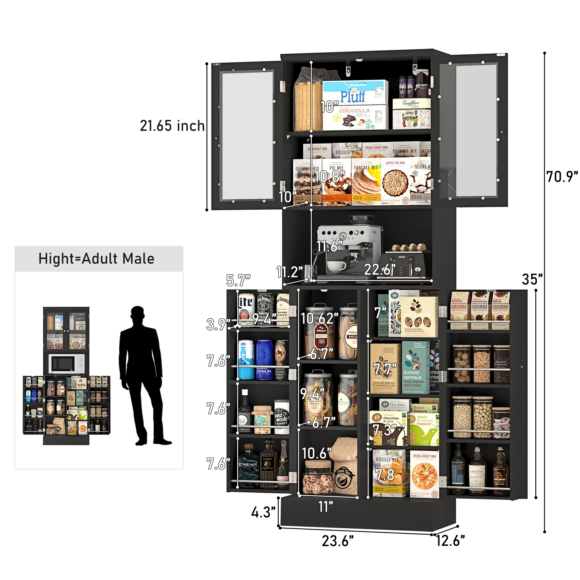 71" Tall Pantry Cabinet, Kitchen Pantry Storage Cabinet w/Glass Doors & Microwave Stand, Black Freestanding Hutch Cabinet