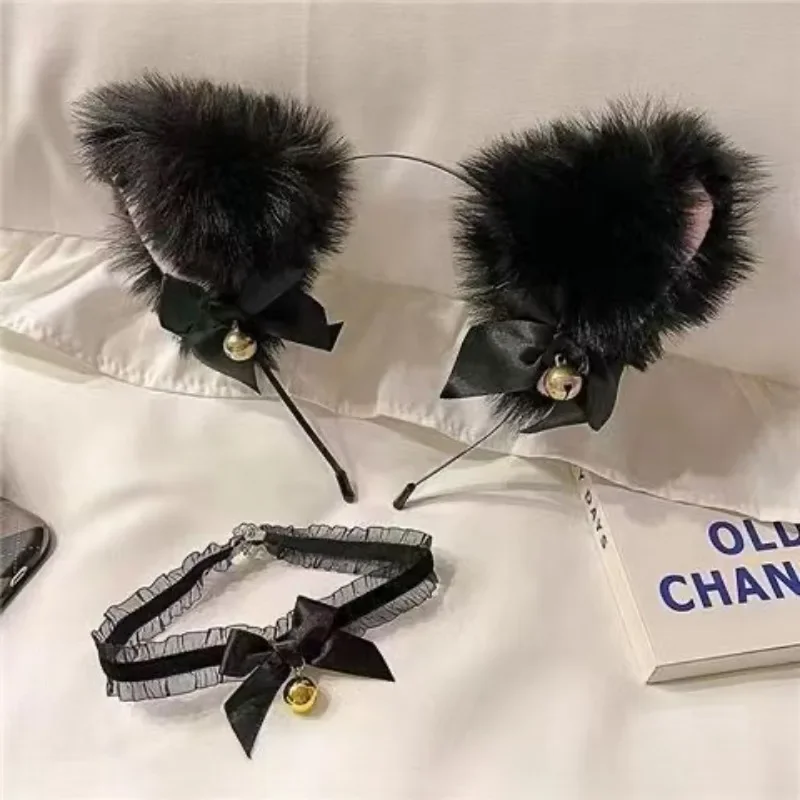 Hübsches Plüsch-Katzenohren-Stirnband, modisches Cosplay, Schleife, Glocke, Katzenohren-Stirnband, Spitze, Glocke, Halskette, Set für Damen, Party, Kostüm, Kopfbedeckung – Detail 2