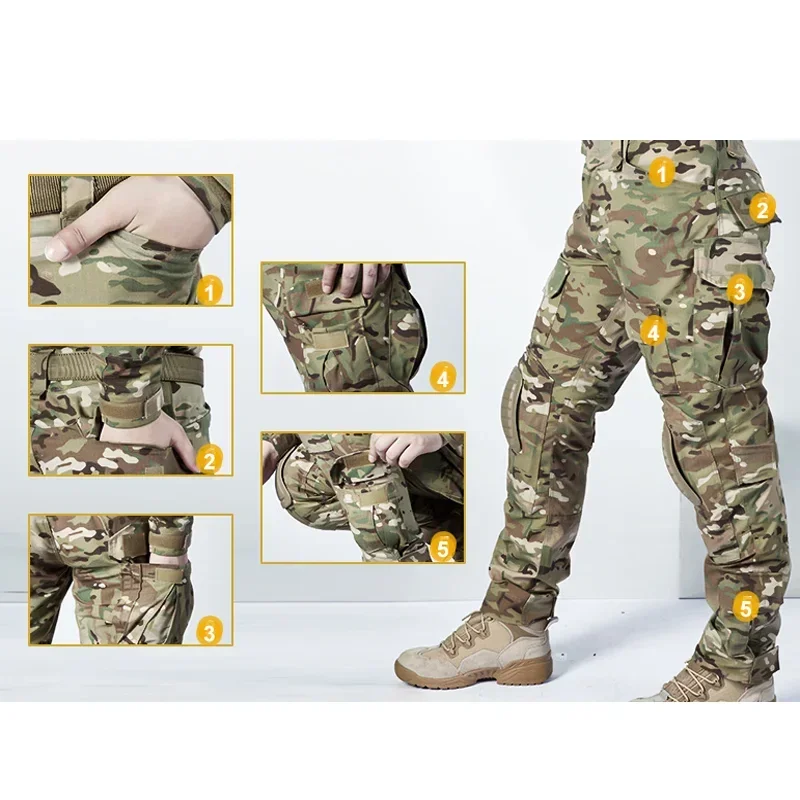Outdoor Tactical Suits Men Clothing Wear-resistant Hunting Uniform Combat Shirt + Multi-pocket Cargo Pant with Pads Waterproof 5
