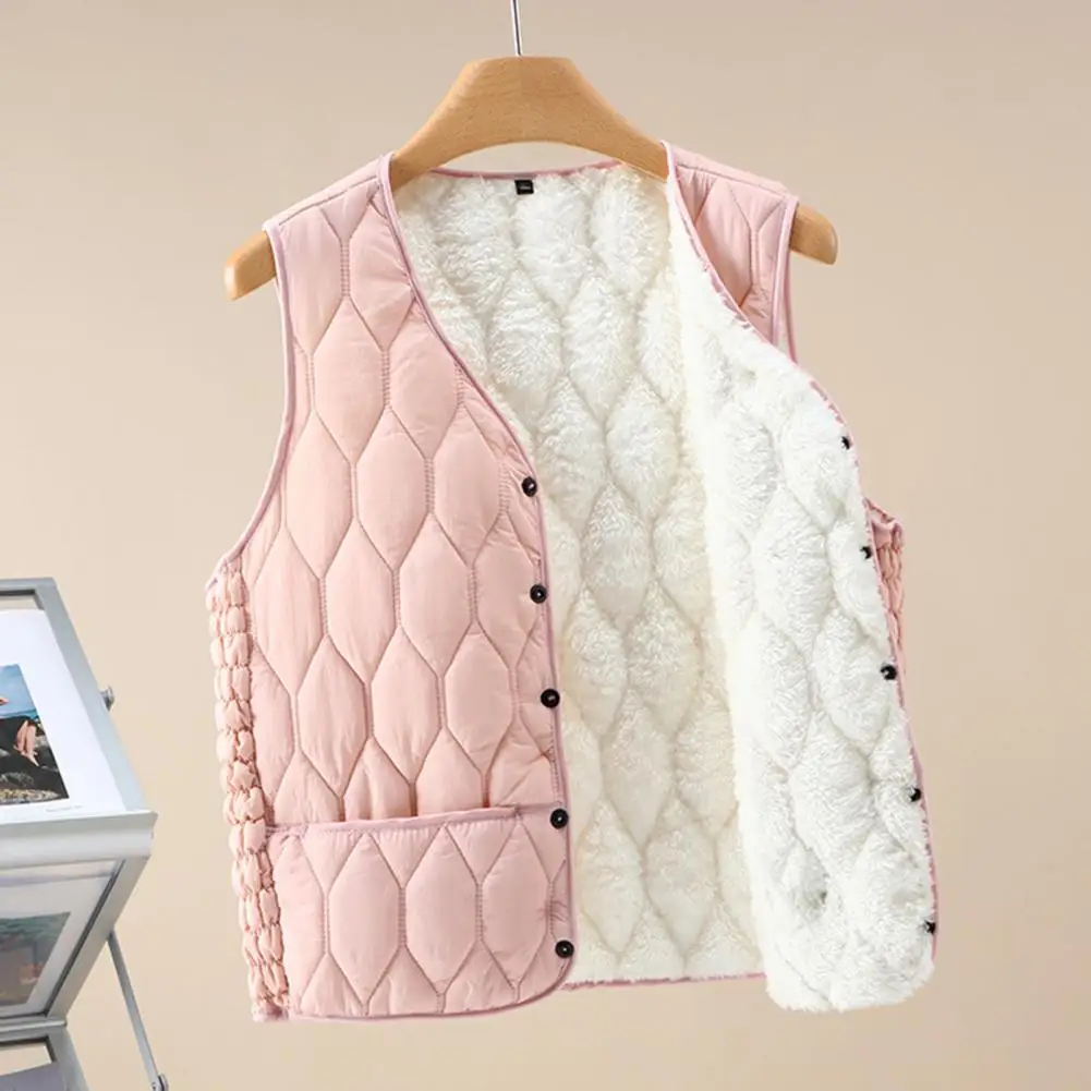 

Winter Waistcoat Women's Fall Winter Padded Plush V Neck Vest Soft Warm Windproof Waistcoat with Rhombus Texture Sleeveless