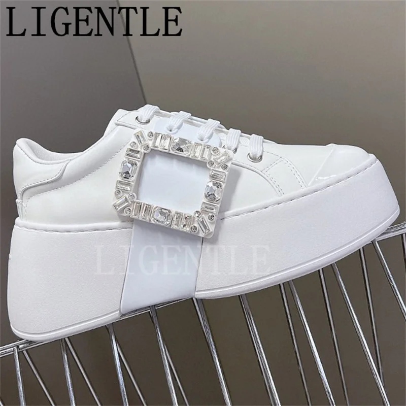 

Genuine Leather Thick Bottom Women White Sneakers Casual Shoes Crystal Metal Decorate Platform Tennis Shoes Zapatillas De Mujer