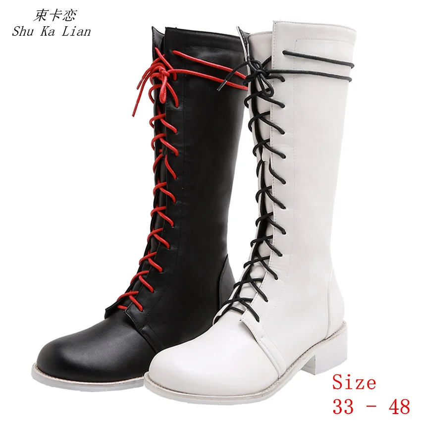 

Spring Autumn Women Knee High Boots 4 CM Med Heel Shoes Woman Long Boots Ladies botas Small Plus Size 33 - 48