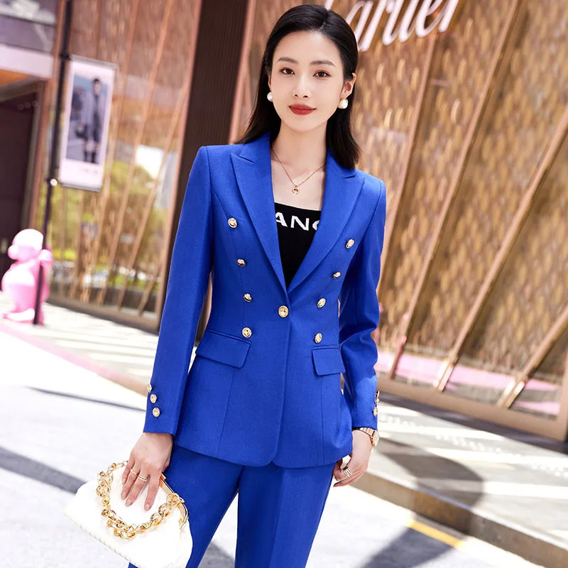 

Long Sleeve Fashion Solid Color Elegant Slim-Fit Slimming Yellow Suit Two-Piece Set Blue Work Uniforms Yellow Business Wear
