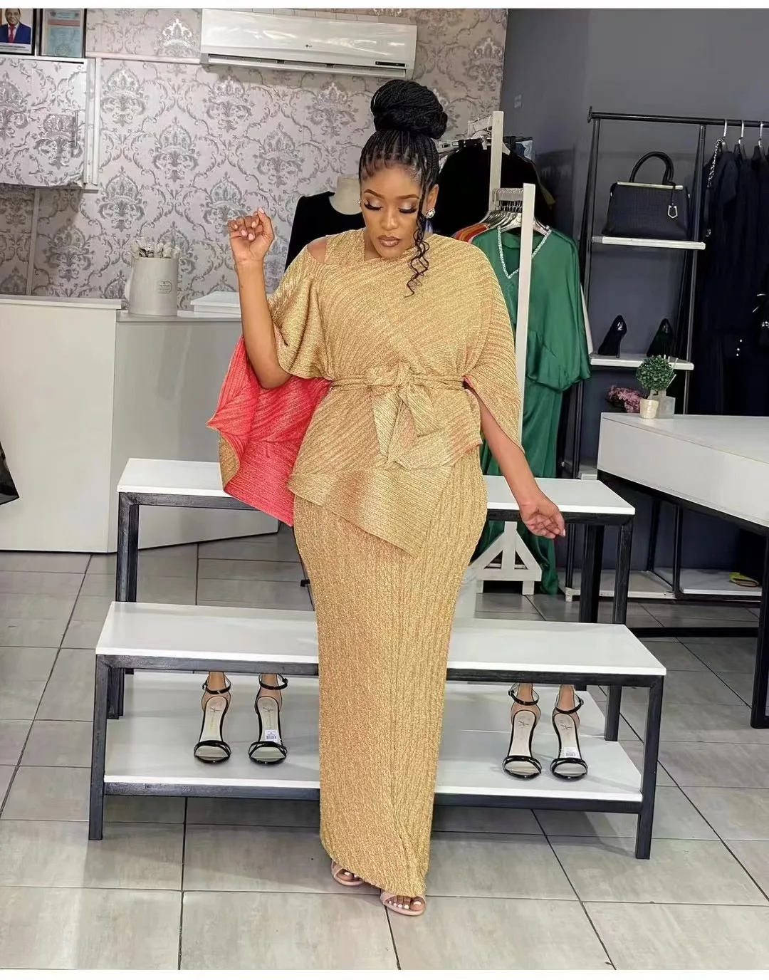 فستان نسائي أنيق مطوي ، حبال ، خصر مرتفع ، جلد ، ط...