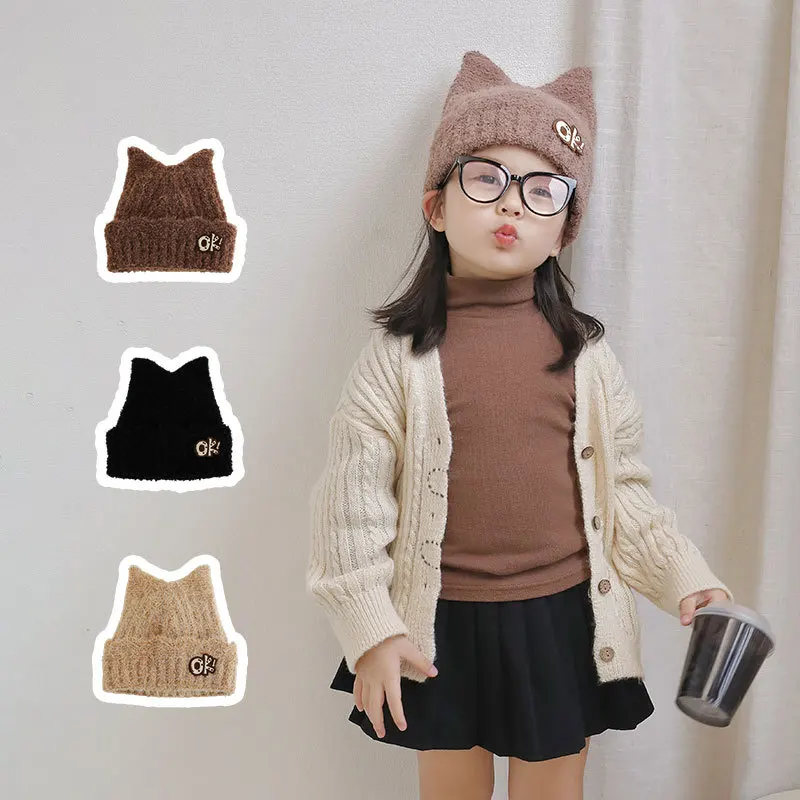 2025 New Kids Girls OK Cat Ears Hats Winter WarmKnitted Beanie Hat For Outdoor Snow Ski Cap Ages 5-12 years