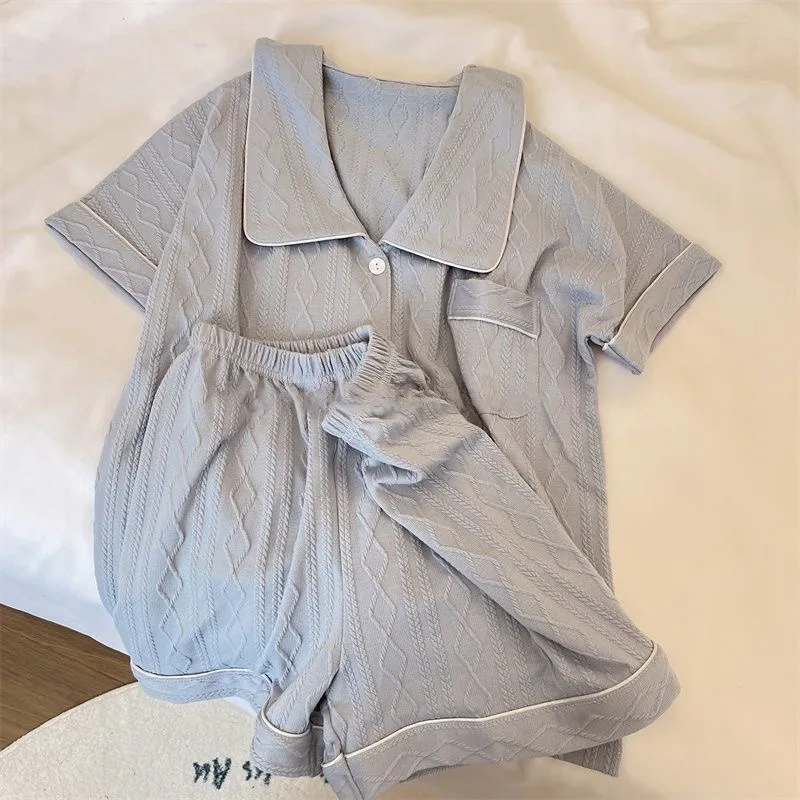 Summer Short Pajamas Sets Unisex Man Women Fashion Soild Color Faux Silk Home Clothes Suits