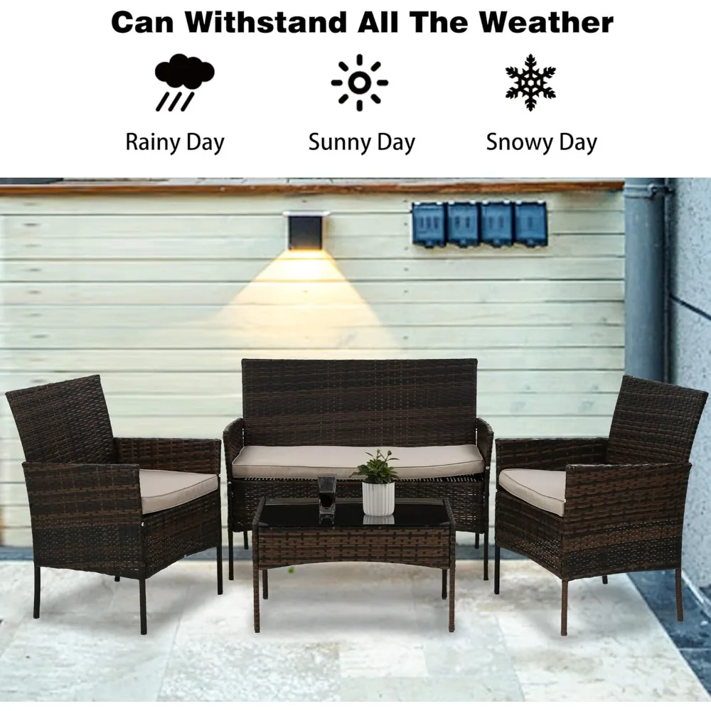 4 Pieces Patio Furniture Set Rattan Outside Furniture Wicker Sofa Garden Conversation Sets with Soft Cushion and Glass Table for 6