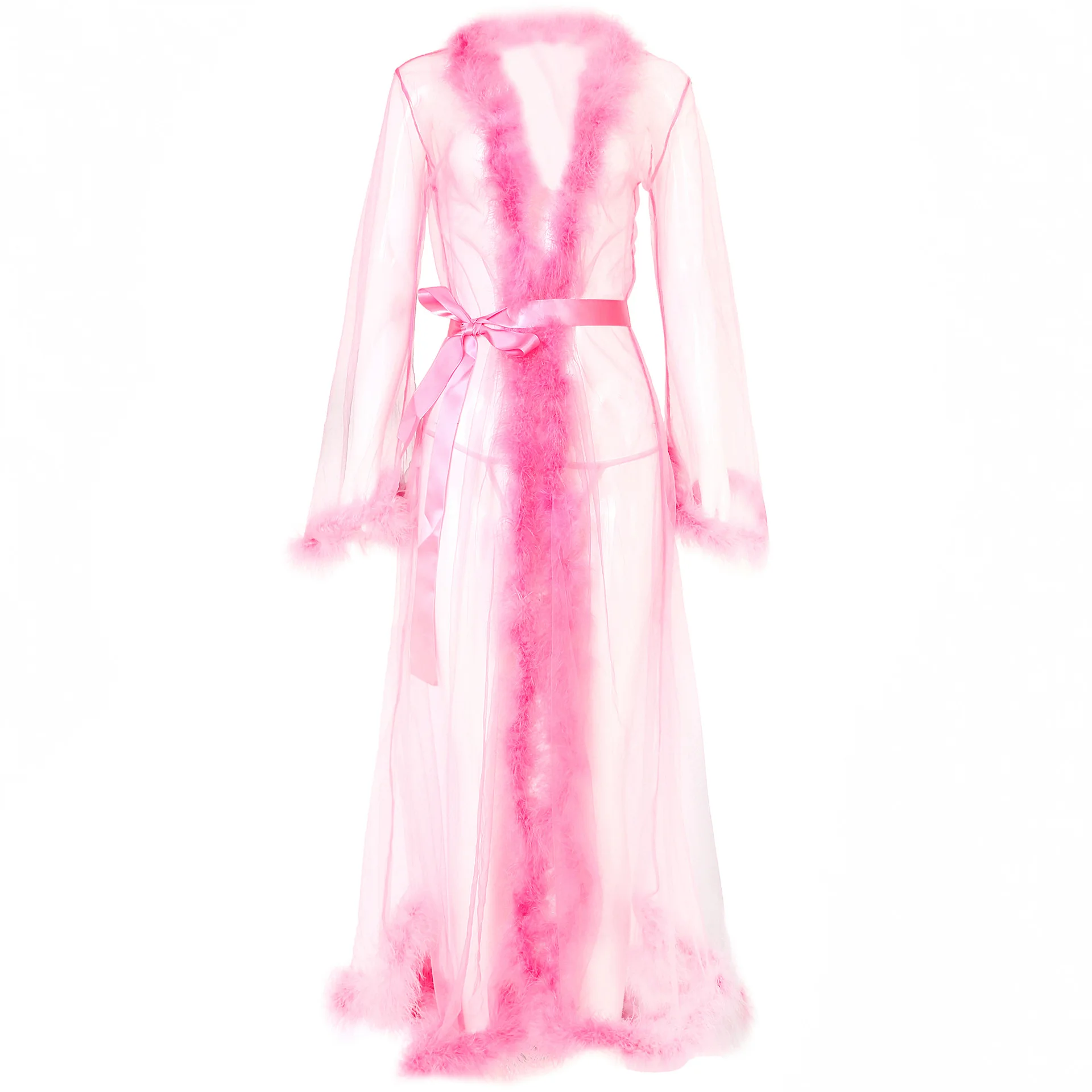 Bridal Bathrobe Women's Nightgowns Fur Wedding Bathrobe Feather Translucent Lace Long Robes For Women Mesh Dress Solid Sleepwear