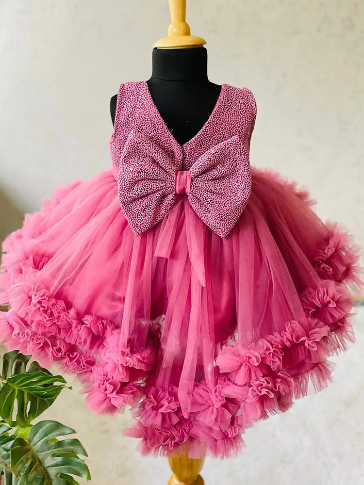 

Baby Girl Dress for Party Ball Flower Girl Rose pink diamond Wedding kids Dresses Children Open Back Bow Princess Tutu Dress